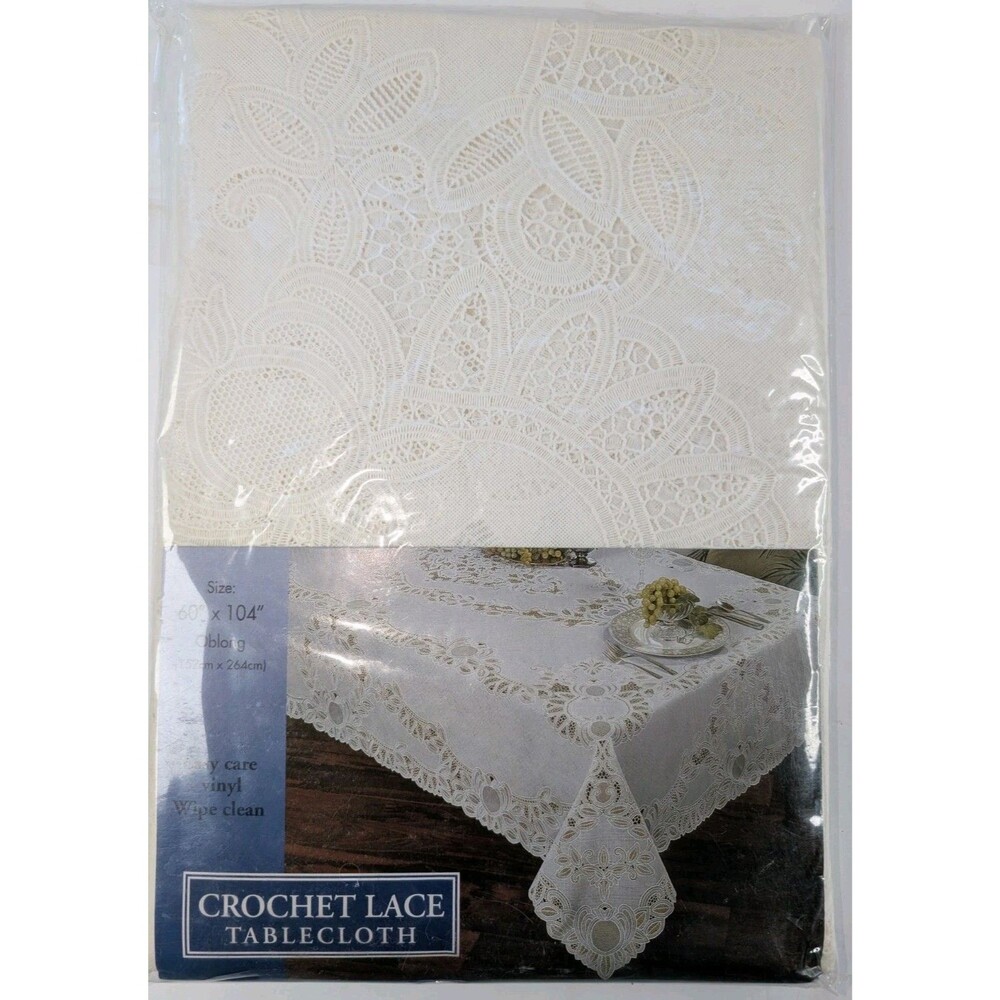 VTG Elrene Crochet Lace Vinyl Tablecloth 60x104 Oblong White Wipe Clean New